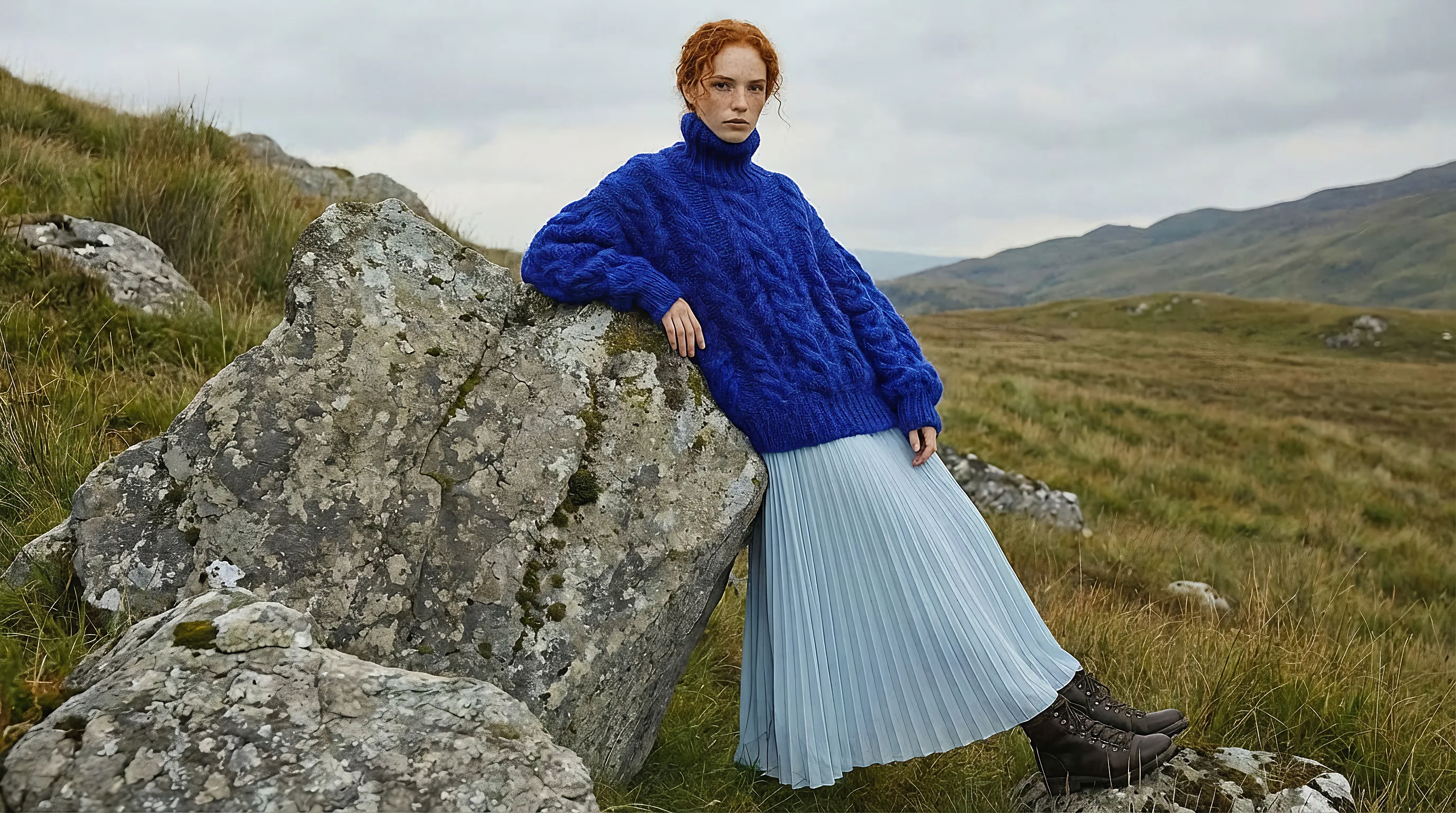 Figure in blue knit and pleated skirt against rocks and grass