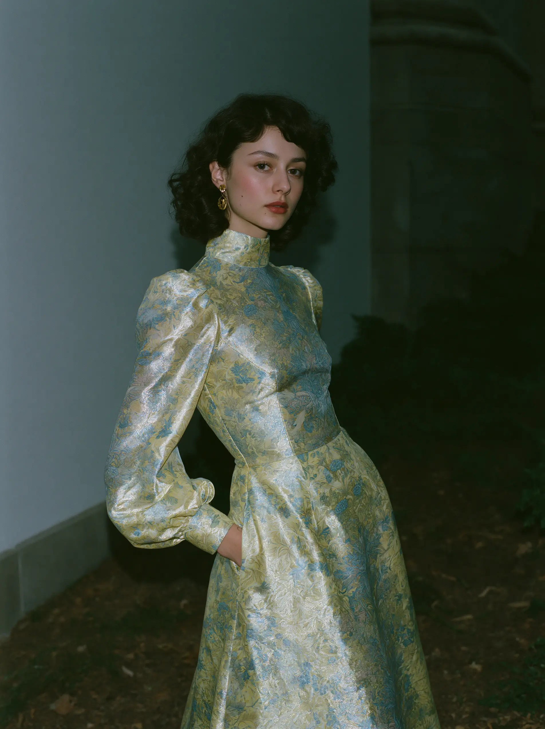 Portrait with William Morris floral backdrop