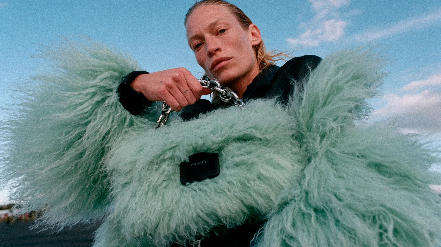Low-angle fashion portrait of a model with a mint-green shaggy Prada bag and matching sleeves against a blue sky